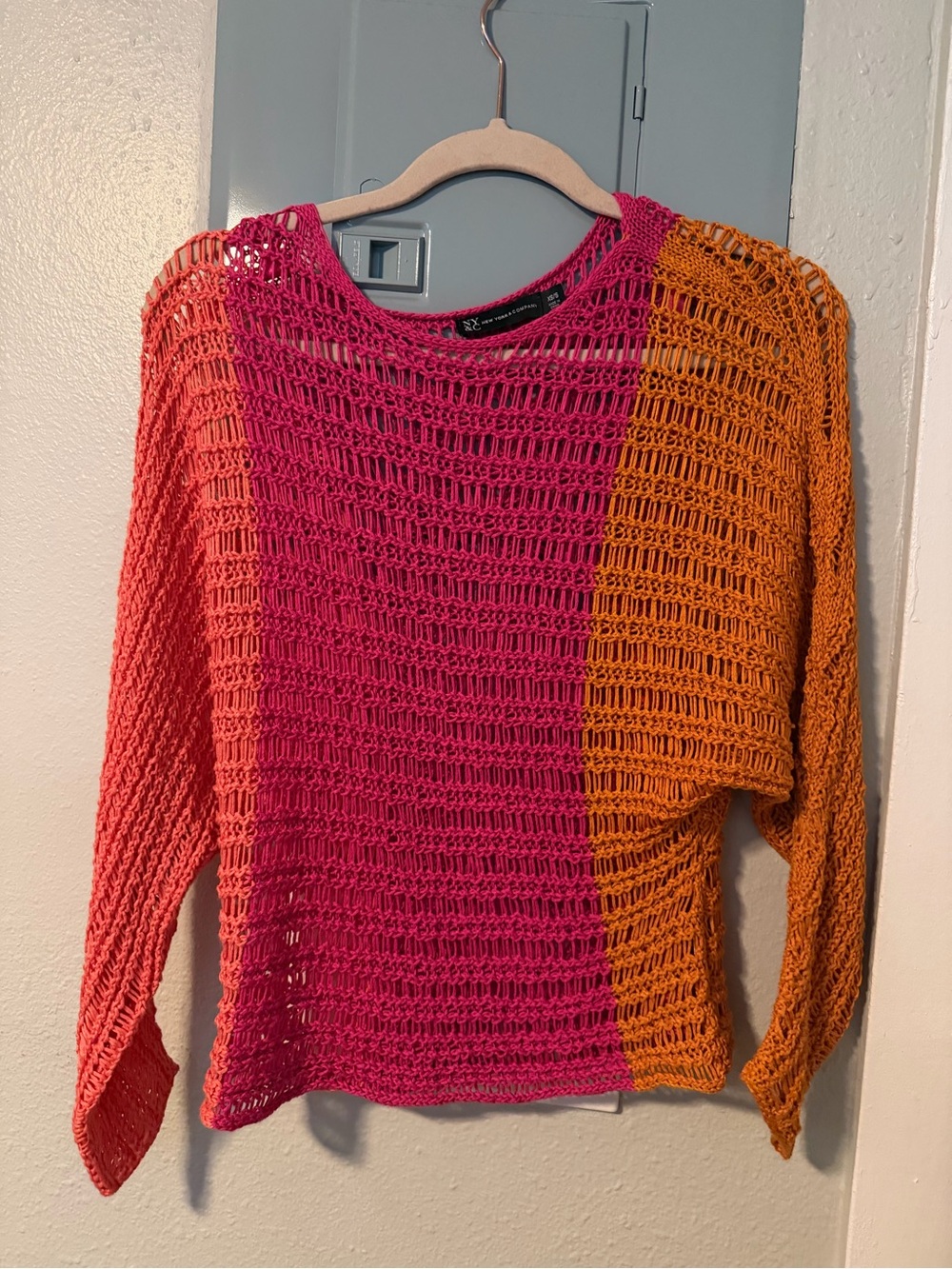 New York & Company Open-Knit Colorblock Sweater in Pink and Orange